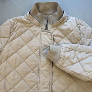 DKNY Long Puffer Coat Womens XL Beige Quilted Winter Long Jacket Pockets